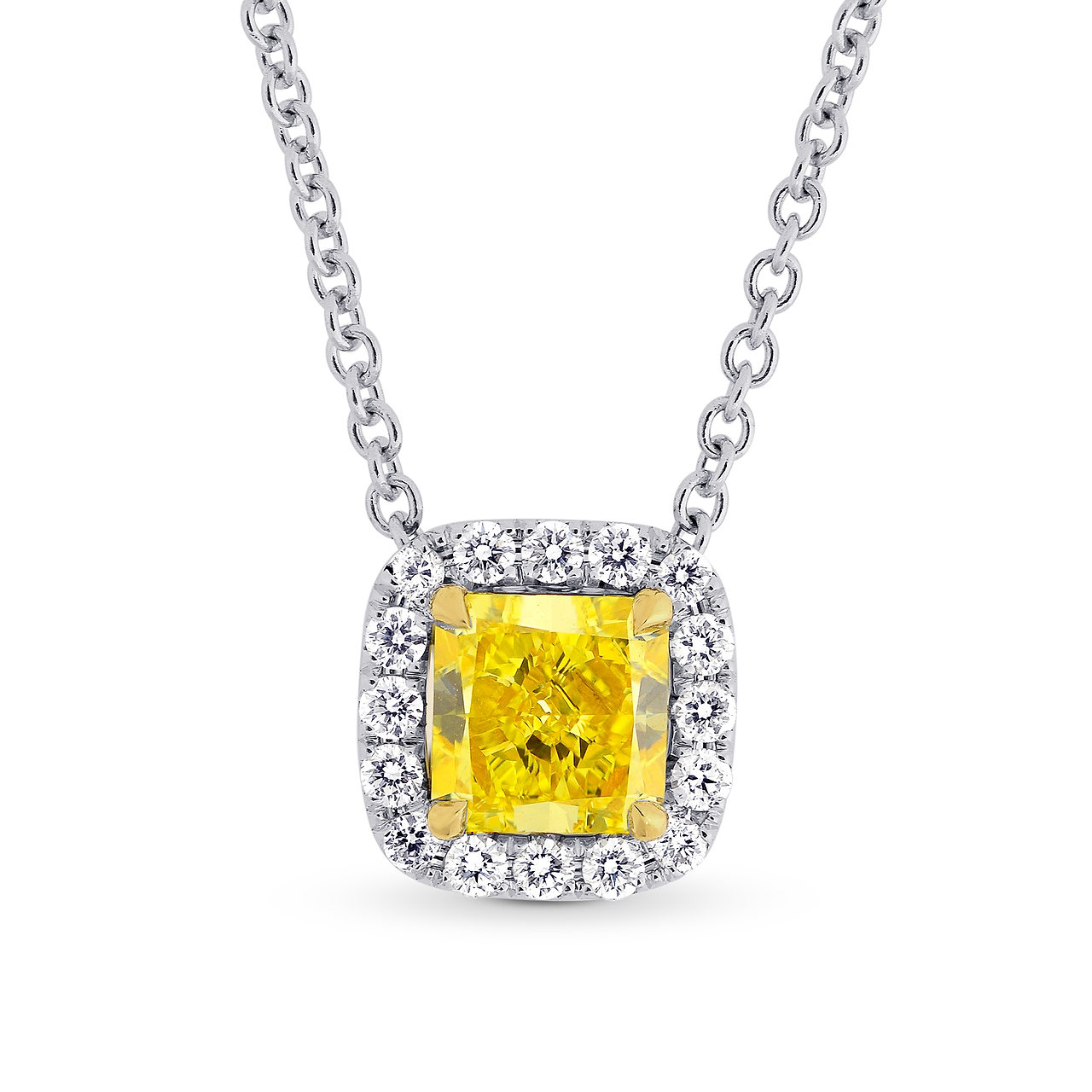 Fancy Vivid Yellow Radiant Diamond Halo Pendant, SKU 219248 (0.87Ct TW)