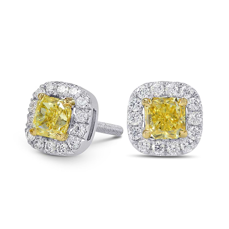 Fancy Intense Yellow Cushion Diamond Halo Earrings, SKU 150292 (0.9Ct TW)