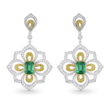 Emerald and Fancy Intense Yellow Diamond Drop Earrings, SKU 160164 (5.82Ct TW)
