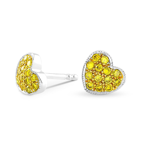 0.15ct Fancy Intense Yellow Diamond Pave Heart shape Earrings set in 18K gold. (0.15Ct TW)
