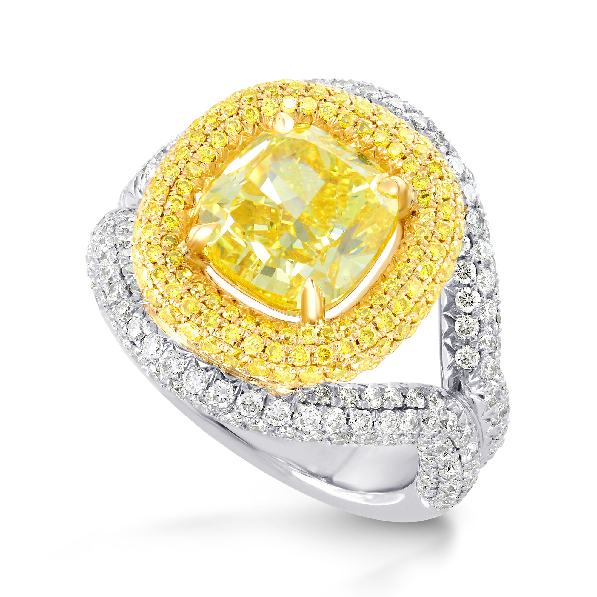 Fancy Vivid Yellow Cushion Diamond Halo Ring, SKU 185362 (5.66Ct TW)