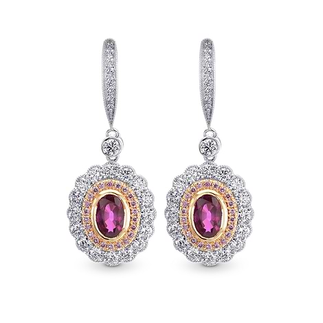 Oval Ruby & Pink Diamond Drop Halo Earrings, SKU 210998 (1.83Ct TW)