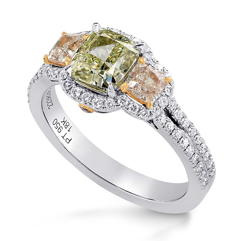 Fancy Yellow Green & Pink Diamond 3 stone Halo Ring, SKU 223838 (1.95Ct TW)