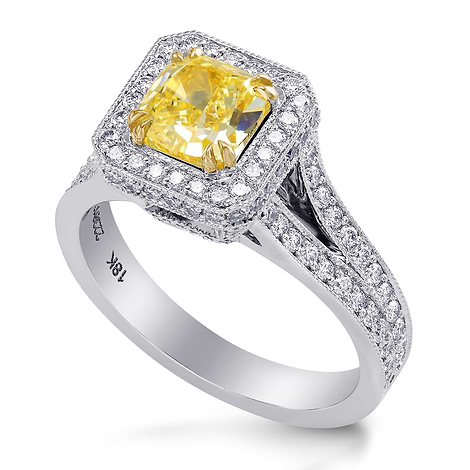 Fancy Intense Yellow Cushion Diamond Split Shank Halo Ring, SKU 223917 (2.1Ct TW)