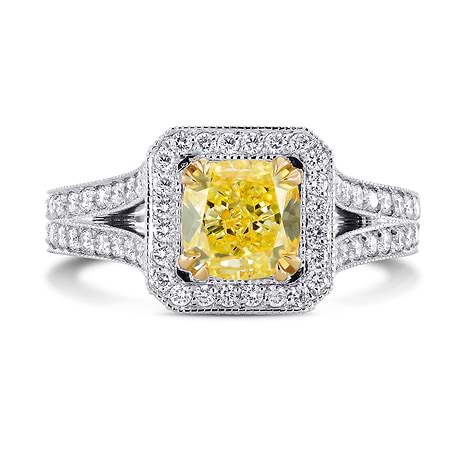 Fancy Intense Yellow Cushion Diamond Split Shank Halo Ring, SKU 223917 (2.1Ct TW)