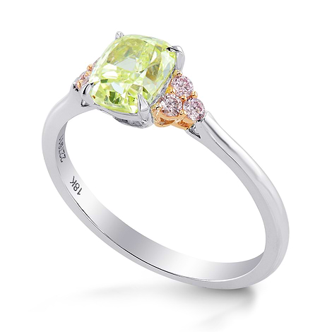 Fancy Green Yellow Cushion & Pink Diamond Side Stone Ring, SKU 227611 (1.35Ct TW)