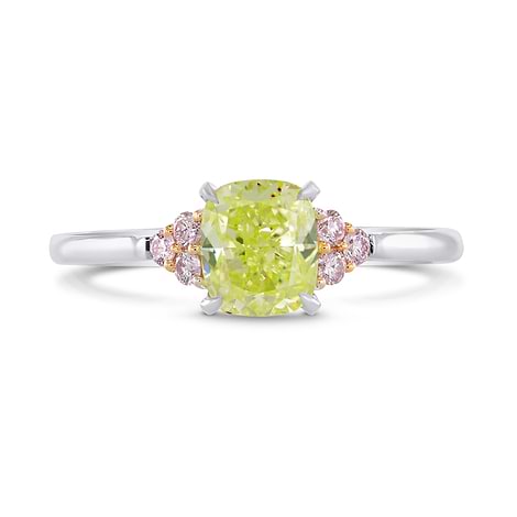 Fancy Green Yellow Cushion & Pink Diamond Side Stone Ring, SKU 227611 (1.35Ct TW)