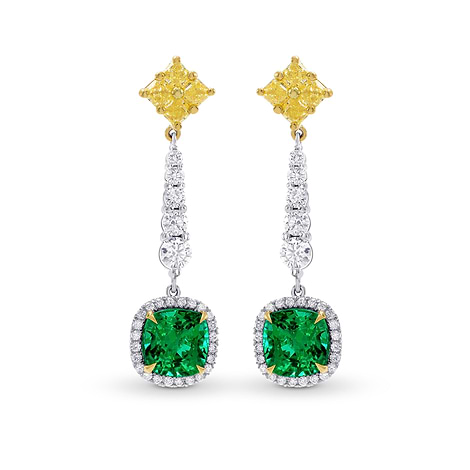 Emerald Gemstone & Yellow Diamond Drop Earrings (3.82Ct TW)