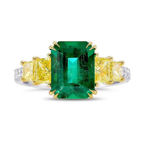 Green Emerald and Yellow Diamond Side Stones Ring (3.56Ct TW)