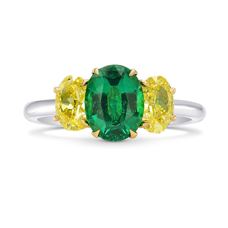 Oval Green Emerald & Fancy Intense Yellow 3 Stones Ring, SKU 249471 (2.56Ct TW)
