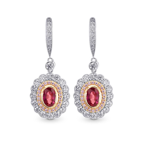 Oval Ruby & Pink Diamond Drop Halo Earrings, SKU 273292 (2.36Ct TW)