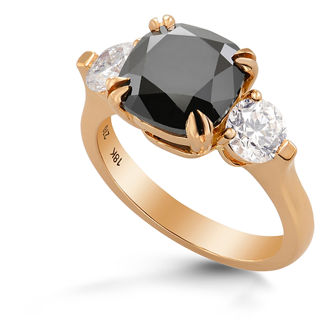 Fancy Black Cushion Diamond Ring with Round Brilliant Side Diamonds, SKU 276203 (4.39Ct TW)