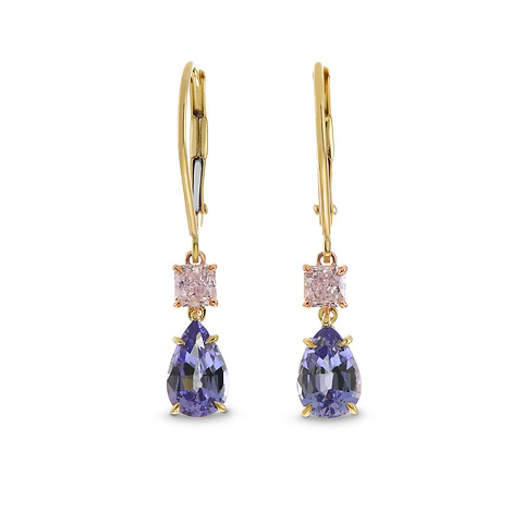 Very Light Pink Radiant Diamond and Tanzanite Pear Earrings (2.17Ct TW)