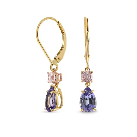 Very Light Pink Radiant Diamond and Tanzanite Pear Earrings (2.17Ct TW)