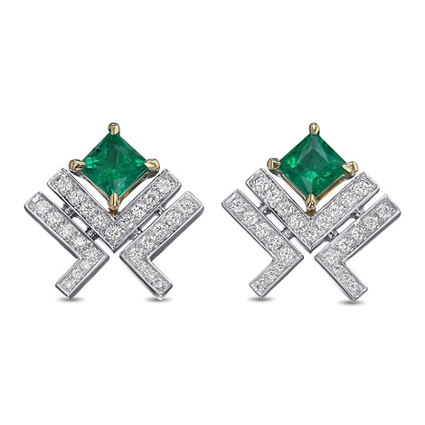 Princess Green Emerald Leibish Logo Pave Earrings, SKU 32217R (0.76Ct TW)