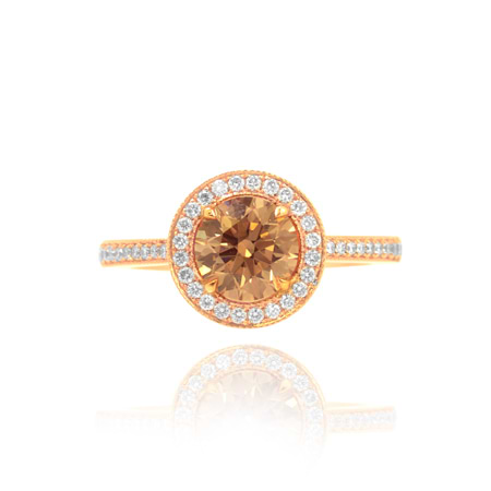 Fancy Yellow Brown Round Diamond Halo 18k Engagement Ring, SKU 49137 (1.61Ct TW)