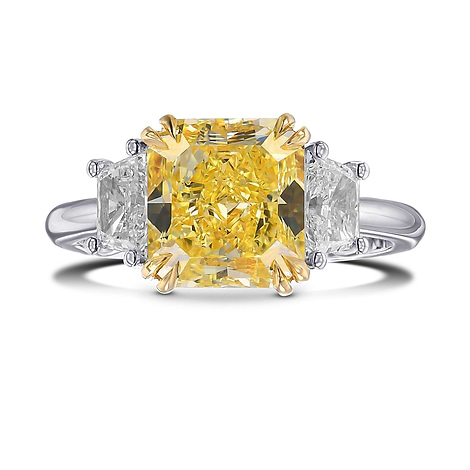Fancy Intense Yellow Radiant 3 Stones Diamond Ring, SKU 498860 (3.82Ct TW)