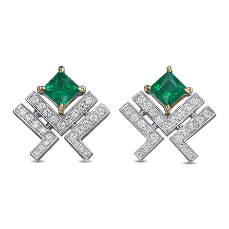 Princess Green Emerald Leibish Logo Pave Earrings, SKU 553047 (0.82Ct TW)