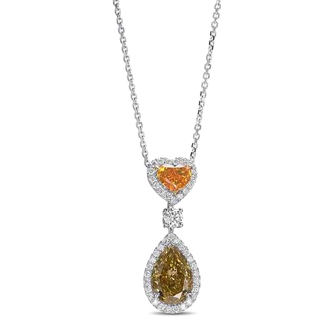 Fancy Vivid Yellow Orange Heart & Fancy Deep Brownish Greenish Yellow Pear Drop Halo Diamond Pendant, SKU 564459 (2.00Ct TW)