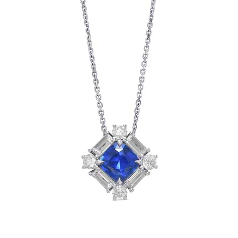 Cushion Blue Sapphire and Baguette Diamond Halo Pendant, SKU 573513 (1.70Ct TW)