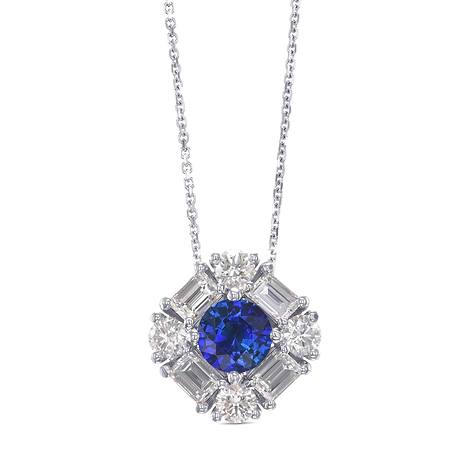 Round Blue Sapphire and  Baguette Diamond Halo Pendant, SKU 575291 (1.72Ct TW)