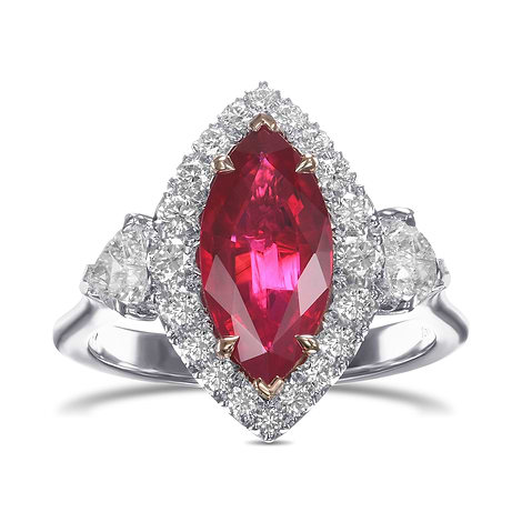 Burmese Marquise Ruby and Heart Diamond Three-Stone Halo Ring, SKU 577633 (2.89Ct TW)