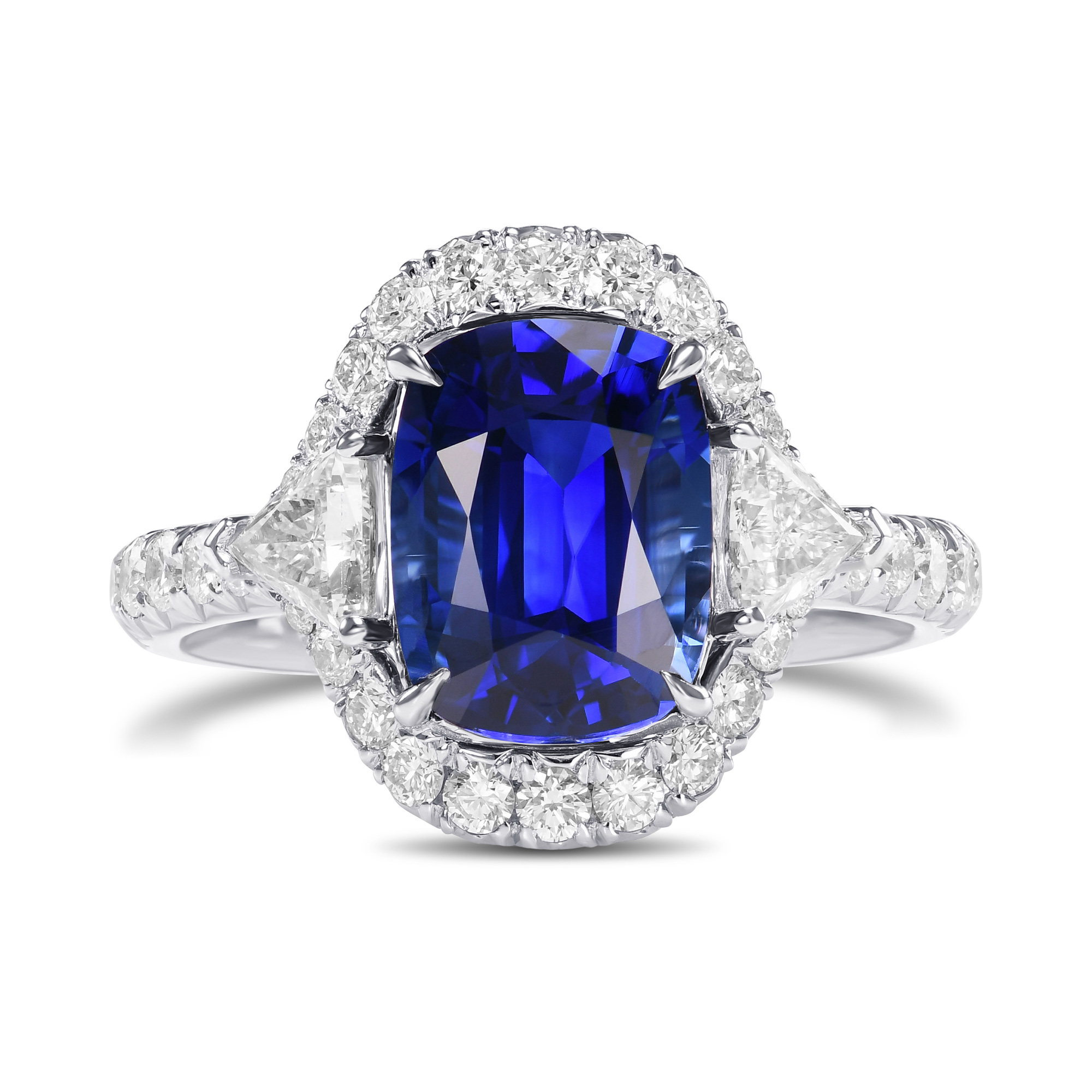 Royal Blue Cushion Sapphire & Triangle Diamond Halo Ring, SKU 578282 (4.42Ct TW)