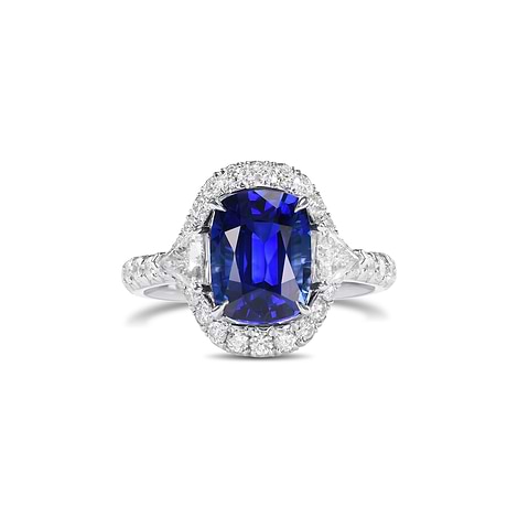 Royal Blue Cushion Sapphire & Triangle Diamond Halo Ring, SKU 578282 (4.42Ct TW)