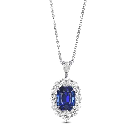 Royal Blue Sapphire Cushion Halo Diamond Pendant, SKU 582060 (4.59Ct TW)
