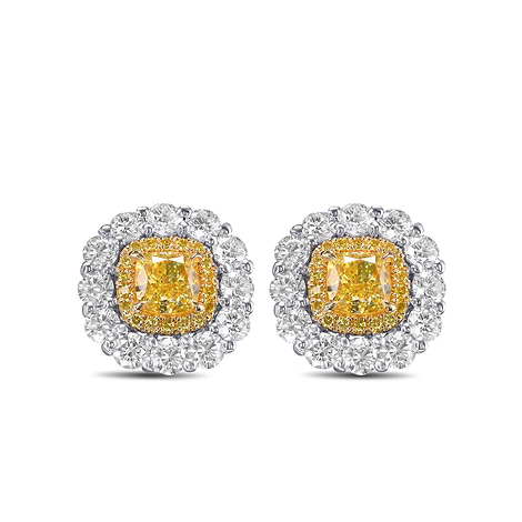 Fancy Intense Yellow Cushion Double Halo Diamond Earrings, SKU 584751 (2.73Ct TW)