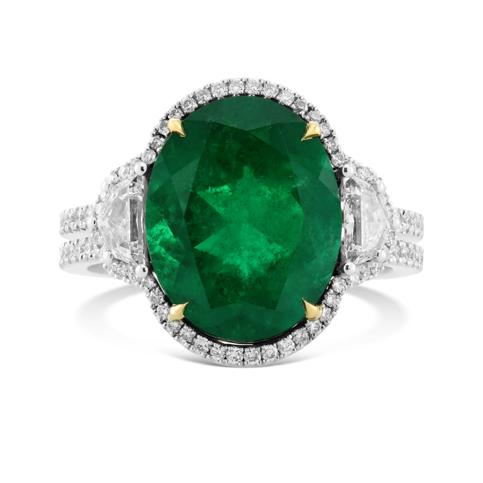 Muzo Emerald & Half-moon Diamond Three-Stone Halo Ring, SKU 590031 (5.14Ct TW)
