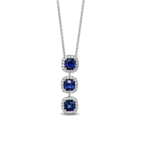 Blue Sapphire Cushion and Diamond 3 Stone Drop Halo Pendant, SKU 605393 (2.27Ct TW)