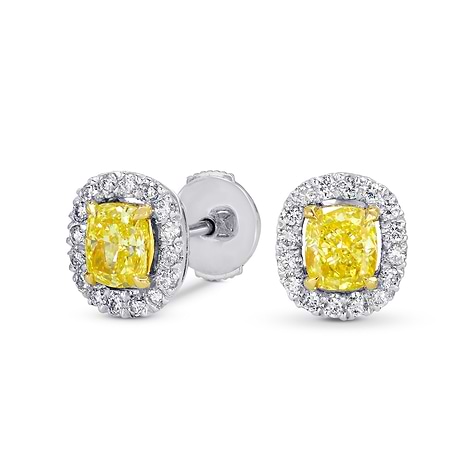 Fancy Intense Yellow Cushion Diamond Halo Earrings, SKU 70379 (1.31Ct TW)