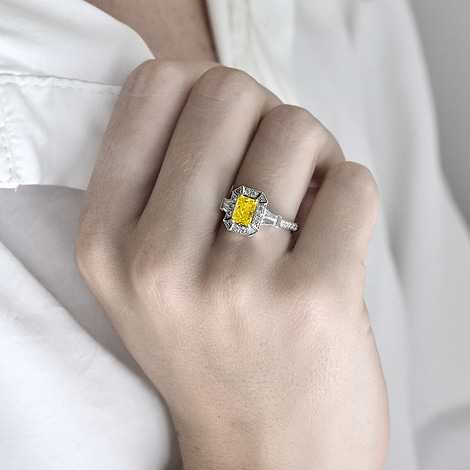  Fancy Intense Yellow Radiant Diamond Ring, SKU 82347 (1.97Ct TW)