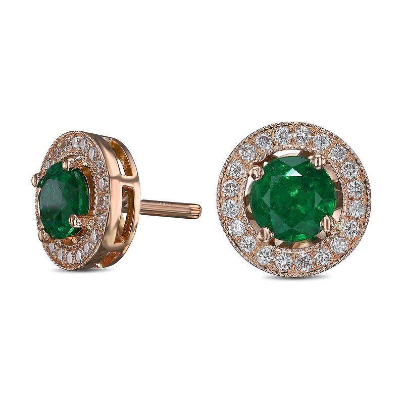 Green Emerald and Diamond Halo Earrings, SKU 121085 (1.13Ct TW)