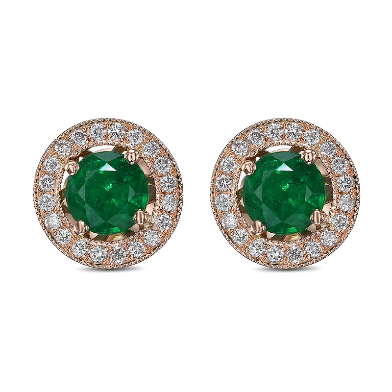 Green Emerald and Diamond Halo Earrings, SKU 121085 (1.13Ct TW)