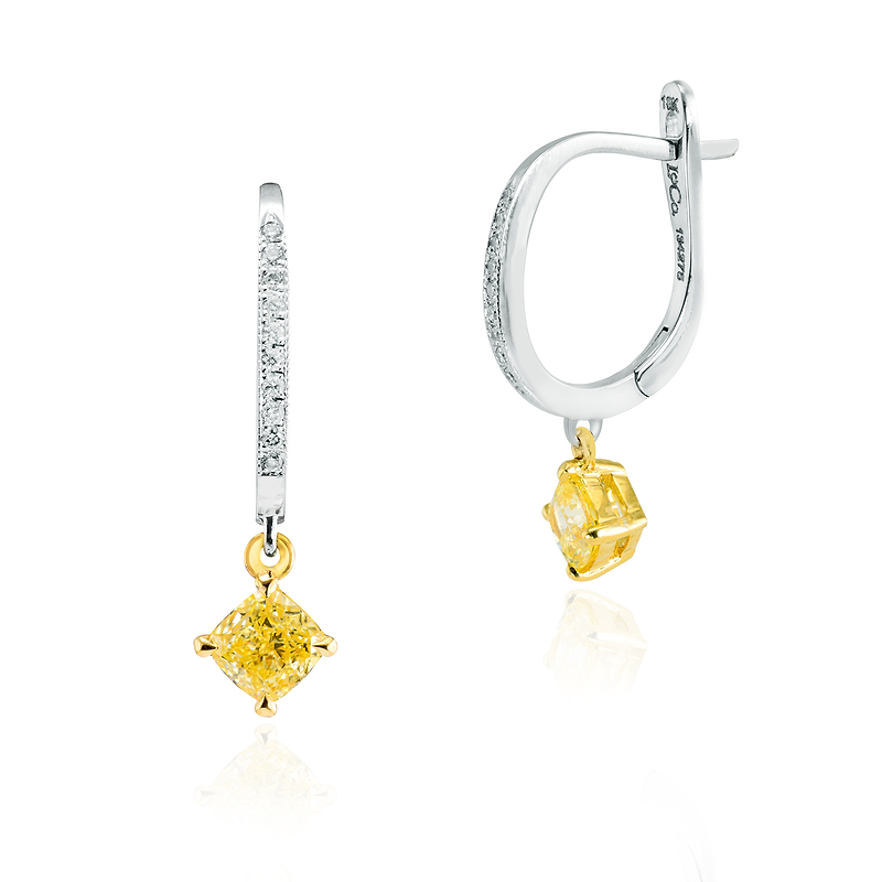 Fancy Intense Yellow Cushion Diamond Drop Earrings, SKU 134275 (1.11Ct TW)