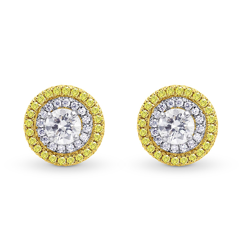White and Fancy Intense Yellow Diamond Double Halo Earrings, SKU 156502 (1.09Ct TW)