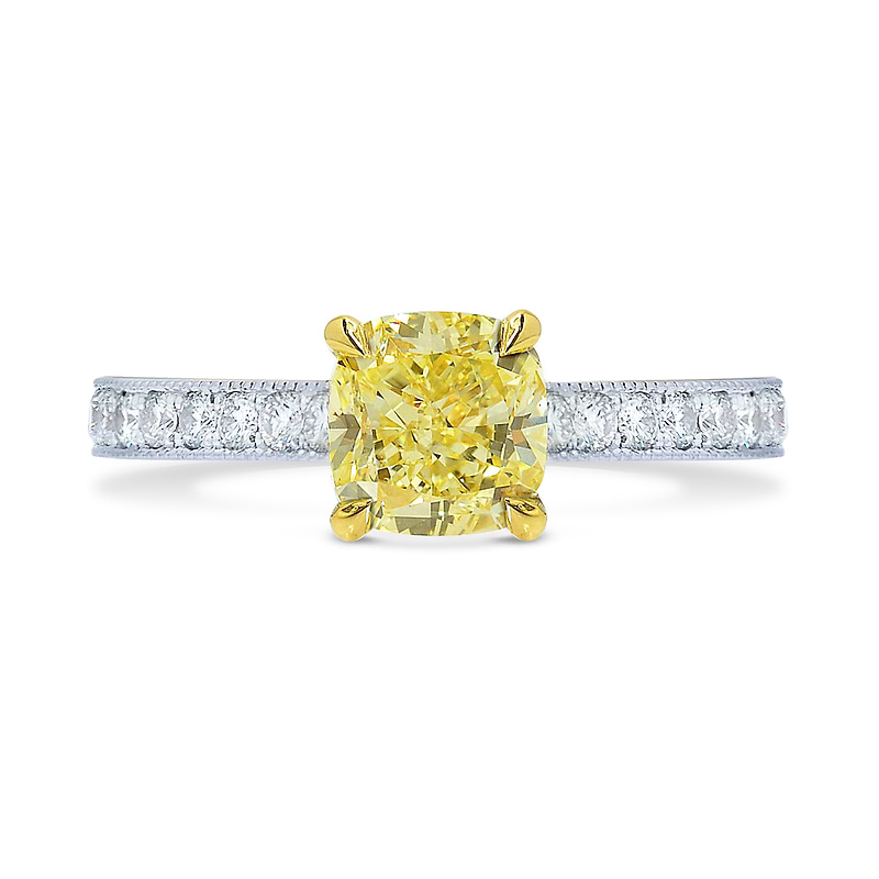 Fancy Intense Yellow Cushion Diamond Pave Milgrain Ring, SKU 25507R (0.84Ct TW)