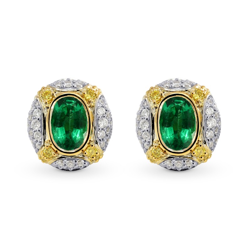 Oval Emerald and Fancy Intense Yellow Diamond Earrings, SKU 26301R (1.25Ct TW)