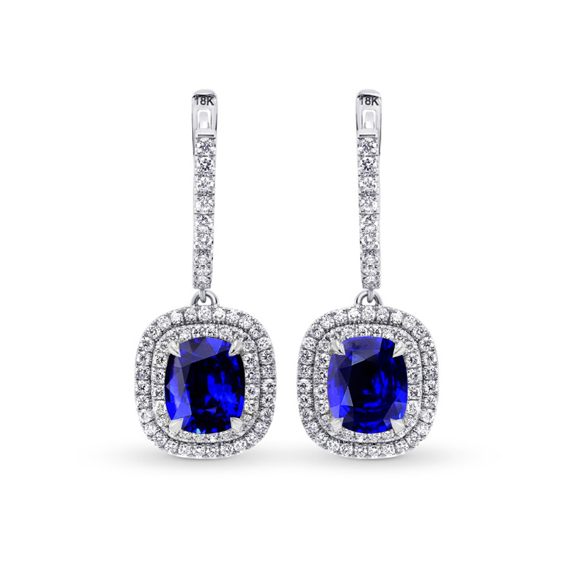 Royal Blue Sapphire & Diamond Drop Halo Earrings, SKU 27612R (6.81Ct TW)