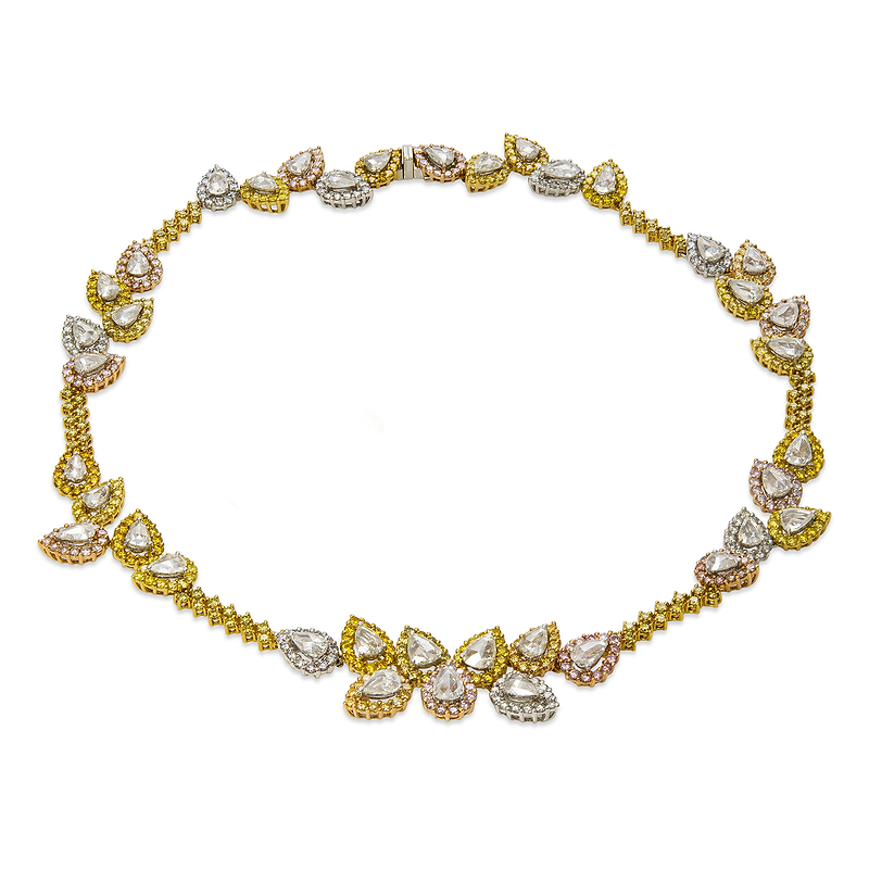 Multicolor Rose Cut diamond Necklace weighing 28.15cts Set in 18K Yellow Gold, SKU 2815 (28.15Ct TW)