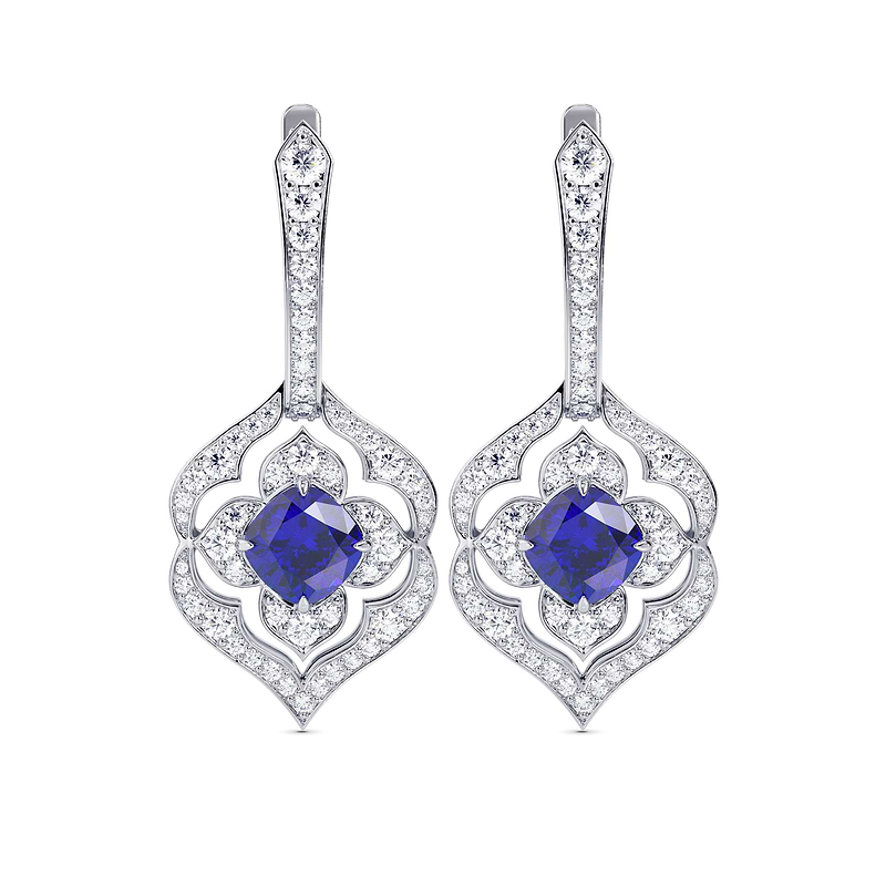 Cushion Sapphire & Diamond Drop Earrings., ARTIKELNUMMER 28403L (3,30 Karat TW)