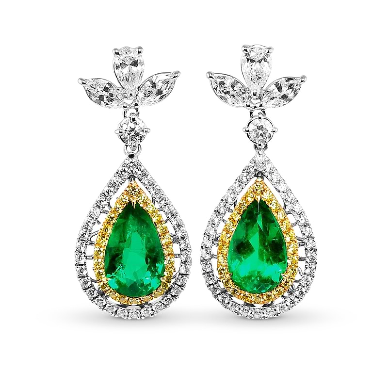 Colombian Pear Shape Emerald and Diamond Couture Earrings, SKU 28783M (7.67Ct TW)