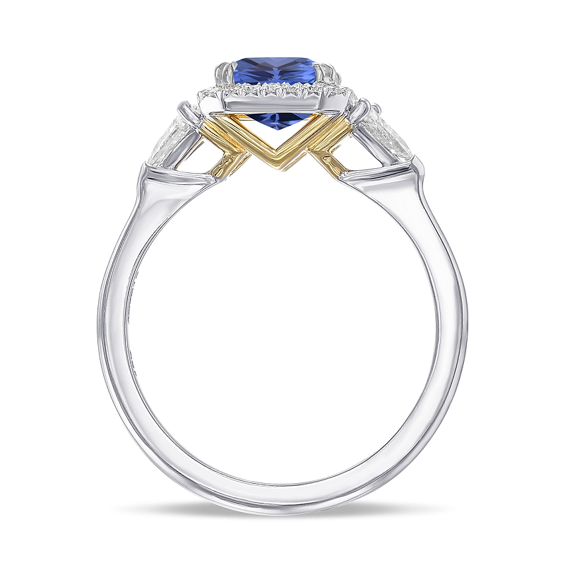 Sapphire Radiant & Triangle Diamond Three-stone Halo Ring, SKU 31903V (3.81Ct TW)