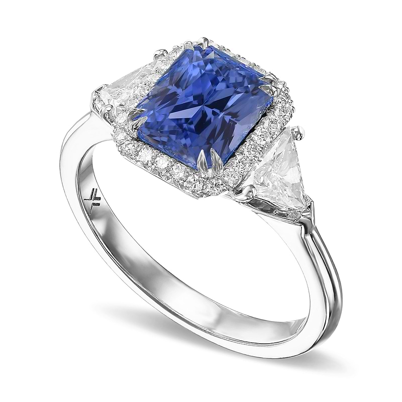 Sapphire Radiant & Triangle Diamond Three-stone Halo Ring, SKU 31903V (3.81Ct TW)  - 2