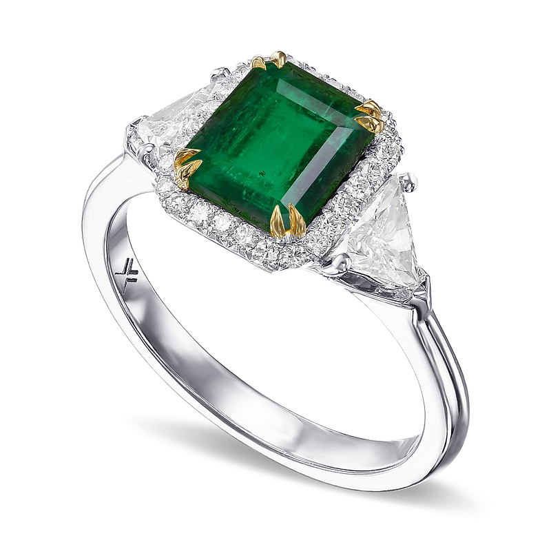 Colombia Emerald & Triangle Diamond Three-stone Halo Ring, SKU 31904V (3.45Ct TW)  - 2