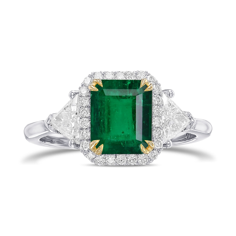 Colombia Emerald & Triangle Diamond Three-stone Halo Ring, SKU 31904V (3.45Ct TW)