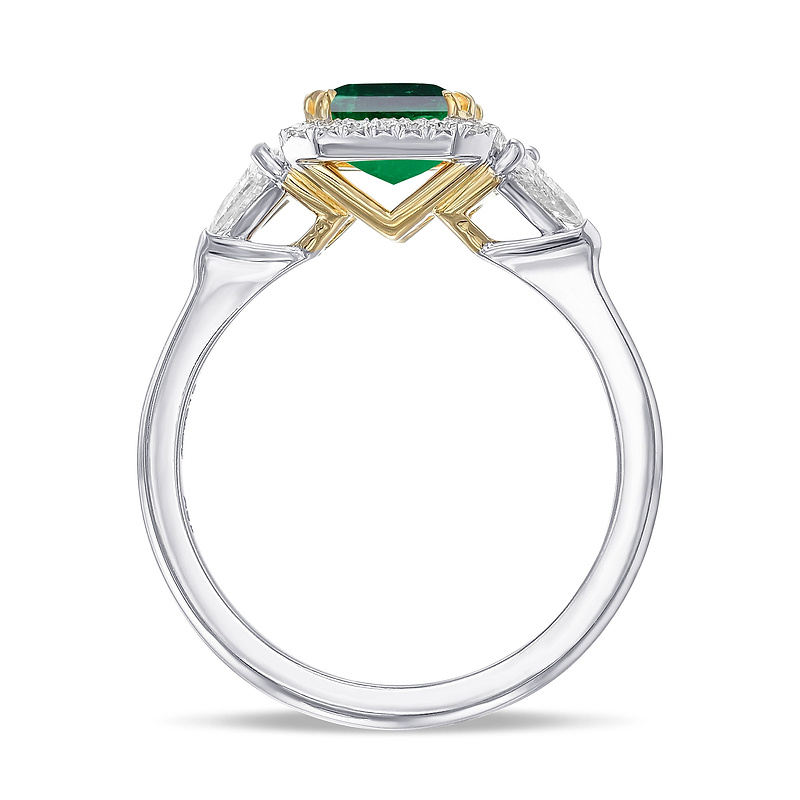 Colombia Emerald & Triangle Diamond Three-stone Halo Ring, SKU 31904V (3.45Ct TW)