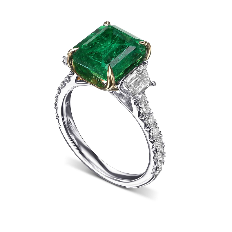Muzo Emerald & Trapezoid Diamond Three-stone Ring, SKU 31907V (4.10Ct TW)  - 2